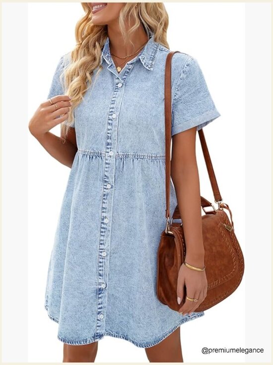 Dresses & Skirts - Short Sleeve Button Down Flowy Tiered Babydoll Denim Dress Casual